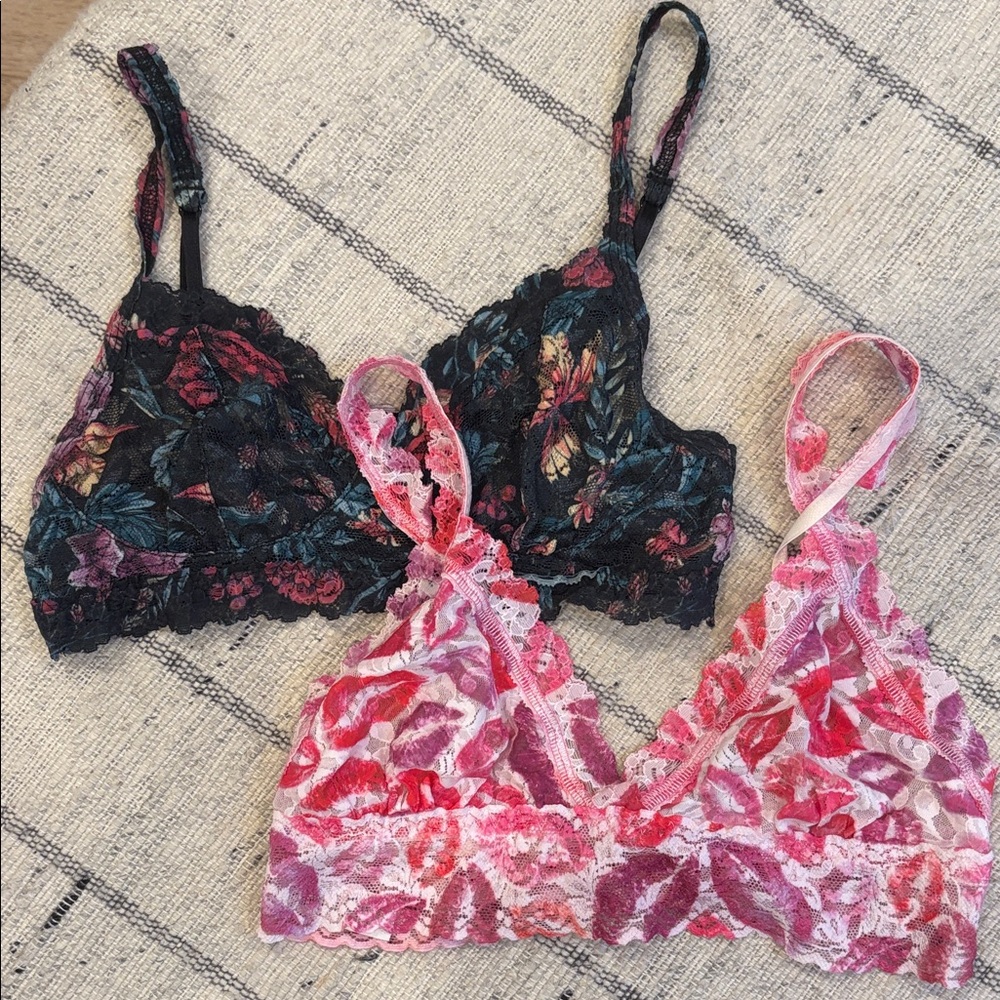 Hanky Panky Floral Lace Bralette Set - Black Floral and Pink Kisses XS/S Perfect